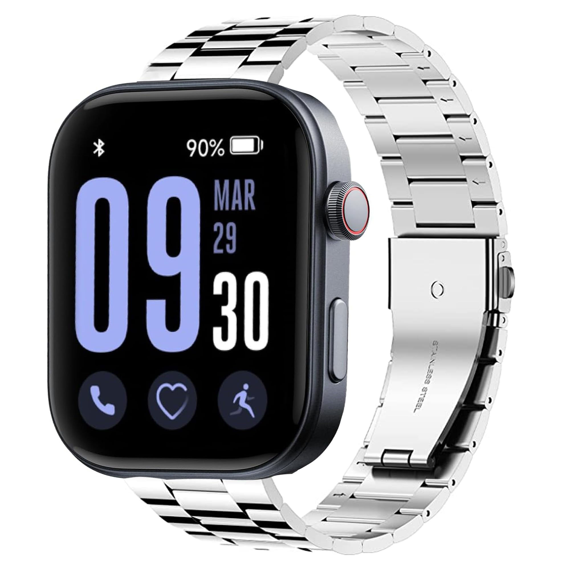 Black smartwatch with a silver link band showing the time.