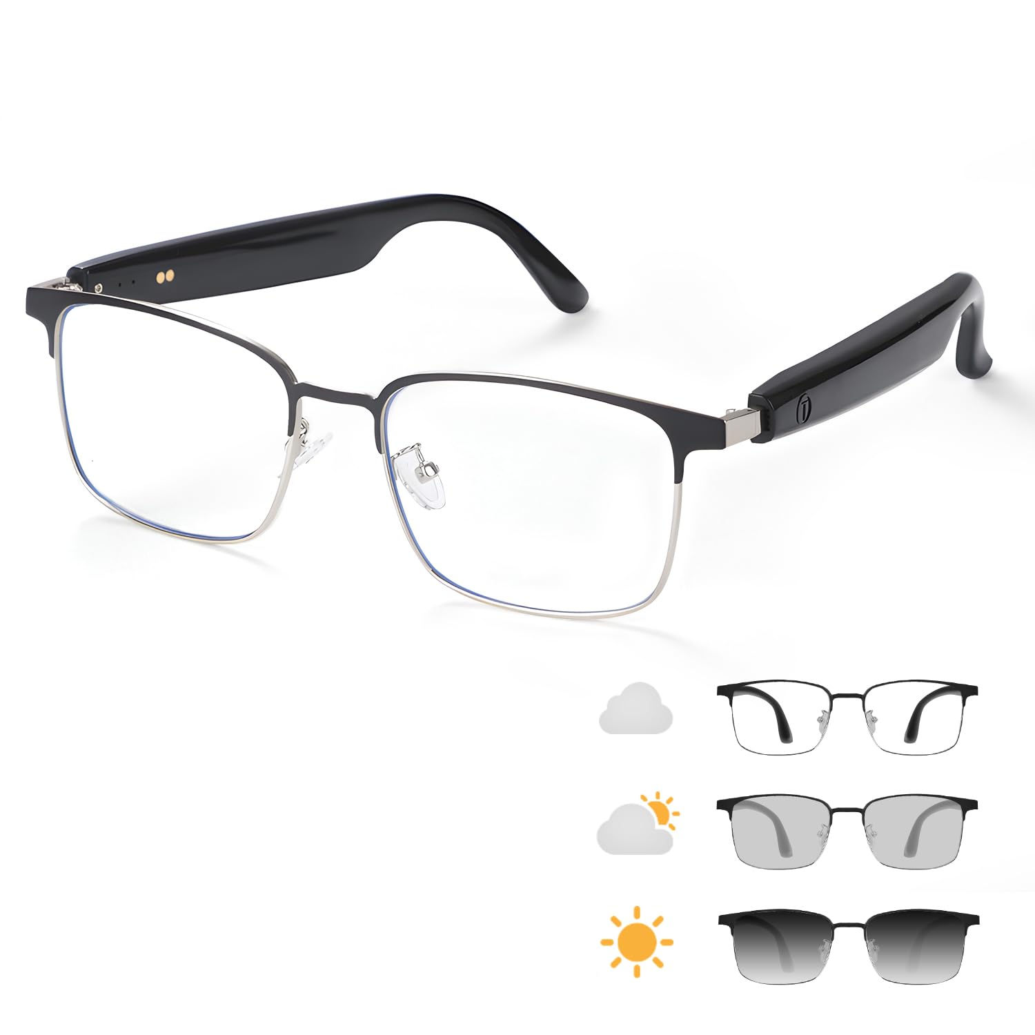 Photochromic smart glasses showing lens tinting levels.