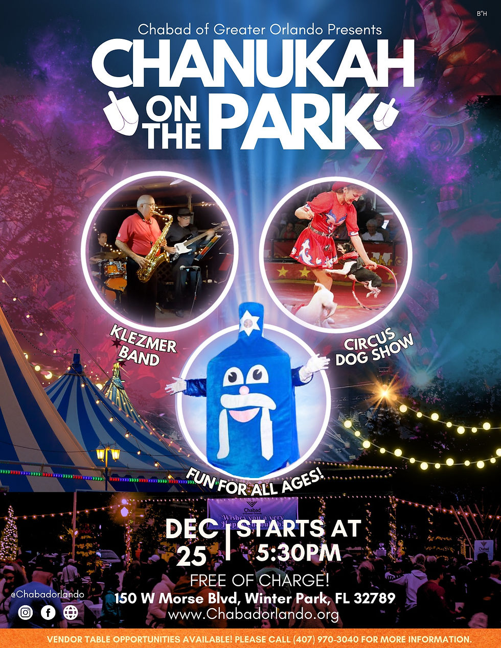 Chanukah on the Park poster with Klezmer band, circus dog show, blue menorah mascot. Festive crowd, lights, and tent. Event details included.