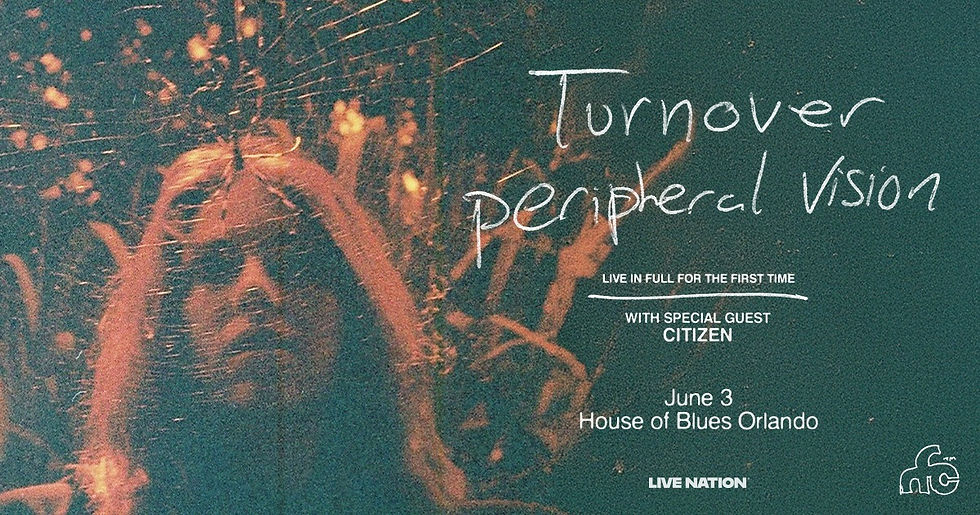 Dark, retro photo with a person and orange lights, announces "Turnover Peripheral Vision" with guest Citizen, June 3, House of Blues Orlando.