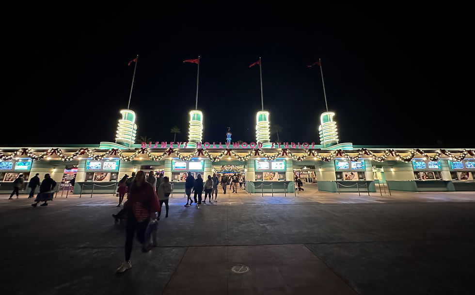Night view of Disney's Hollywood Studios entrance, decorated with festive lights and garlands. People walk toward the illuminated gates.