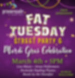Colorful Mardi Gras flyer with text: "Fat Tuesday Street Party, March 4th, 5PM." Features music, performers, purple background, and beads.