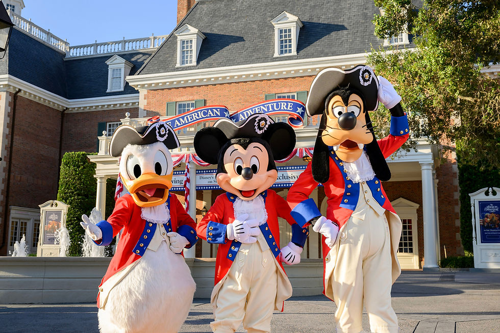 EPCOT on July 4, enjoy special photo opportunities with your favorite patriotic pals Mickey, Goofy, and Donald