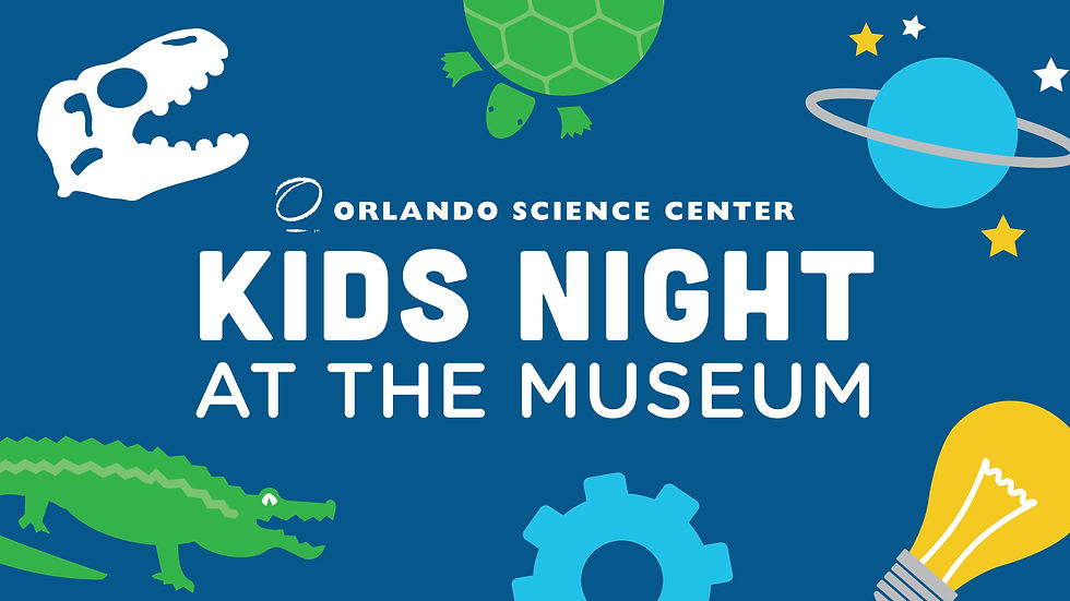 Blue background with dinosaur skull, turtle, planet, stars, crocodile, gear, and light bulb illustrations. Text: Orlando Science Center Kids Night at the Museum.