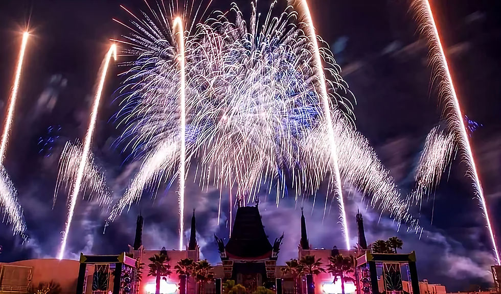 Colorful fireworks explode over a dark sky, illuminating a silhouette of a large building and palm trees below, creating a festive mood. New Year's Eve Fireworks at Disney’s Hollywood Studios