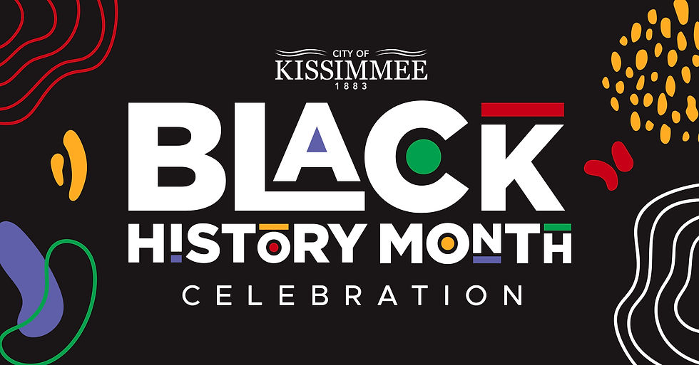 Black History Month Celebration poster with colorful abstract designs, bold white text, and the City of Kissimmee logo on a black background.