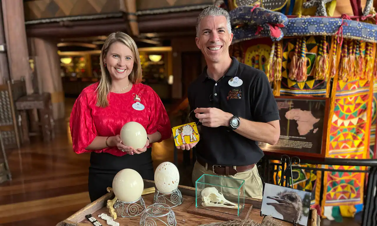 decorating a tree ornament with ostrich shells at Disney’s Animal Kingdom Lodge