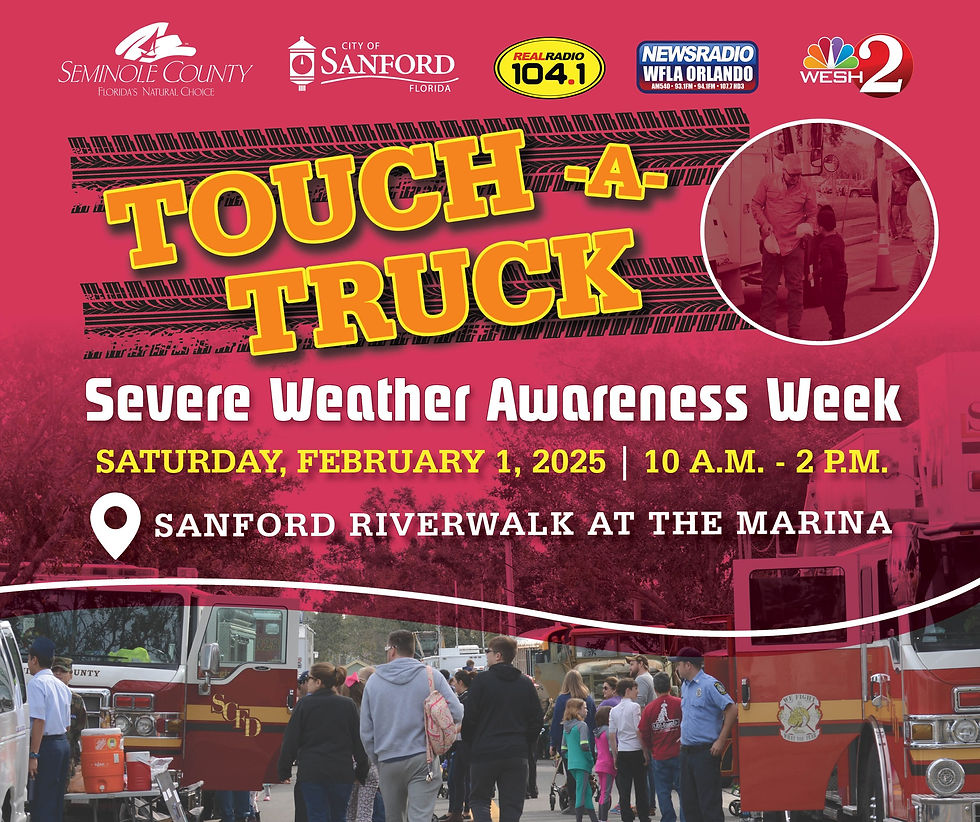Touch-a-Truck event poster with logos and photos. Scheduled for Feb 1, 2025, 10 AM-2 PM at Sanford Riverwalk. Red background, fire trucks visible.