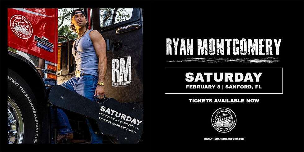 Man with a guitar case stands by a red truck promoting a show. Text: "Ryan Montgomery, Saturday, February 8, Sanford, FL. Tickets available now."