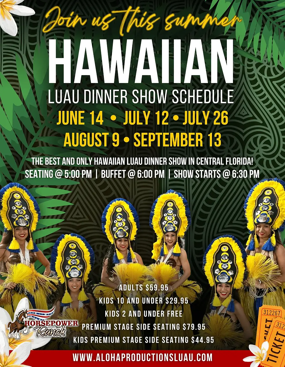 Experience an evening under the stars this summer at a Hawaiian Luau Dinner Show at Horsepower Ranch