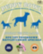 Silhouettes of dogs on a field promote "Puppy Bowl" for Bull Terrier Rescue. Event details: Feb 9, 1-4 PM. Includes raffles, drink specials.