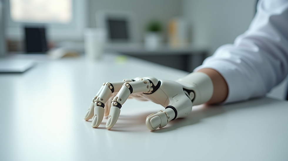 Eye-level view of a 3D printed prosthetic hand on a white table