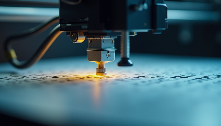 Close-up view of a 3D printer nozzle applying filament with AI-generated slicing patterns
