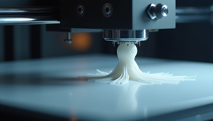 Close-up view of a 3D printer nozzle printing a multi-material prototype with flexible and rigid filaments