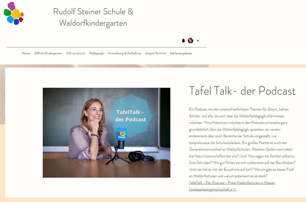 Die Freie Waldorfschulen in Hessen Landesarbeitsgemeinschaft, kurz LAG, hat bereits seit 2023 einen Podcast ins Leben gerufen. Nina Haberkorn verantwortliche Presse- und Öffentlichkeitsarbeitende moderiert und führt durch das Gespräch. Ziel ist es, einen Einblick in die Waldorfpädagogik und verschiedenste Schulthemen zu geben. Auf unserer Seite finden Sie den Link zu den aktuellen Folgen, sowie die Folge, die in unserer Schule aufgezeichnet wurde gemeinsam mit unserem Schulcoach Carolin Rieckmann.