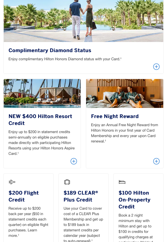 list of perks you get for free with the Hilton Aspire American Express Credit Card