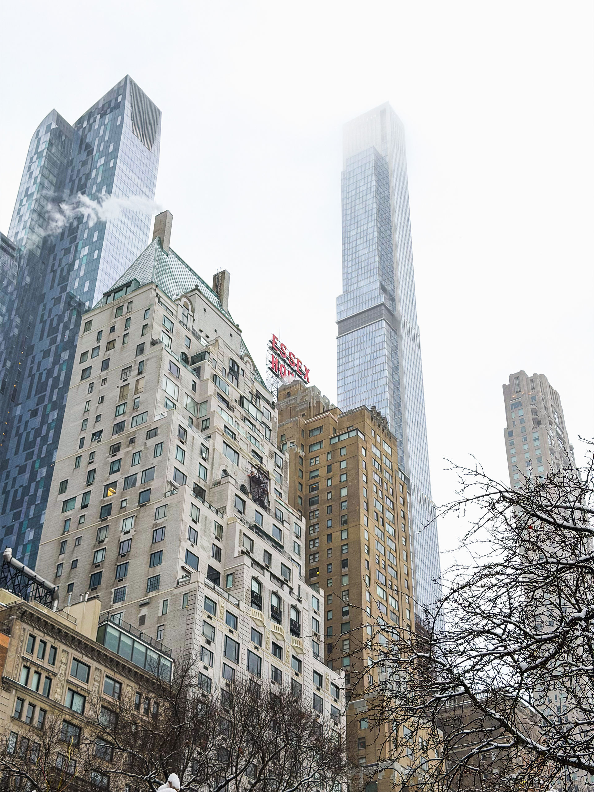 sky scrapers in to the sky as seen from below in Central Park 