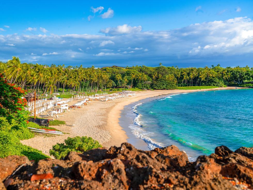 rocks in the foreground with ocean and white sand beaches in the distance with palm trees 