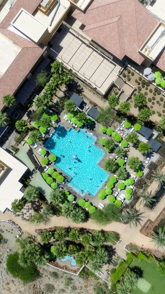 aerial view looking down at the large resort pool surrounded by green vegetation, palm trees, and green pool umbrellas