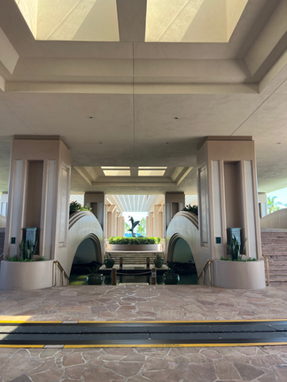 tram rail through a stone lobby hall at the Hilton Waikoloa village 