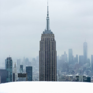 the Empire State Building towering over the rest of the nyc skyline on a  moody snowy morning 