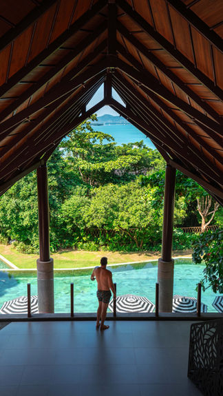 man in bathing suite staring out towards the vibrant jungle landscape and outdoor pool underneath a large covered wooden roof