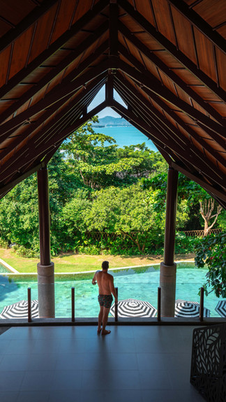 man in bathing suite staring out towards the vibrant jungle landscape and outdoor pool underneath a large covered wooden roof 