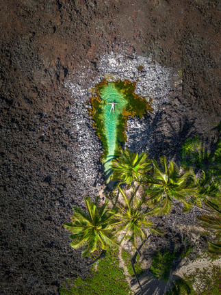 aerial view looking down at a man floating in a tide pool surrounded by by black lava rock and palm trees