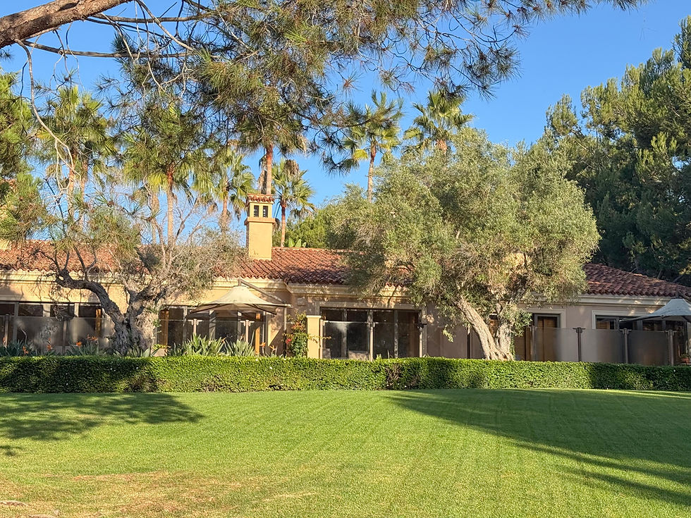 well manicured landscaping butting up to a tuscan style villa with large glass windows, a fireplace, and trees