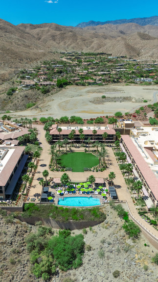 aerial view of the ritz Carlton Rancho Mirage adult only pool surrounded by the hotel tower, grass, and palm trees with large mountains in the background