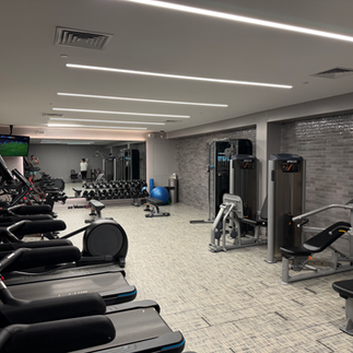 hotel gym with treadmills, weights, and free weights