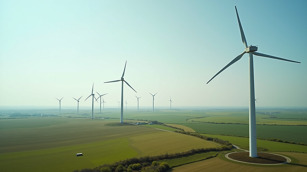 High angle view of a wind farm with turbines spinning under a clear sky