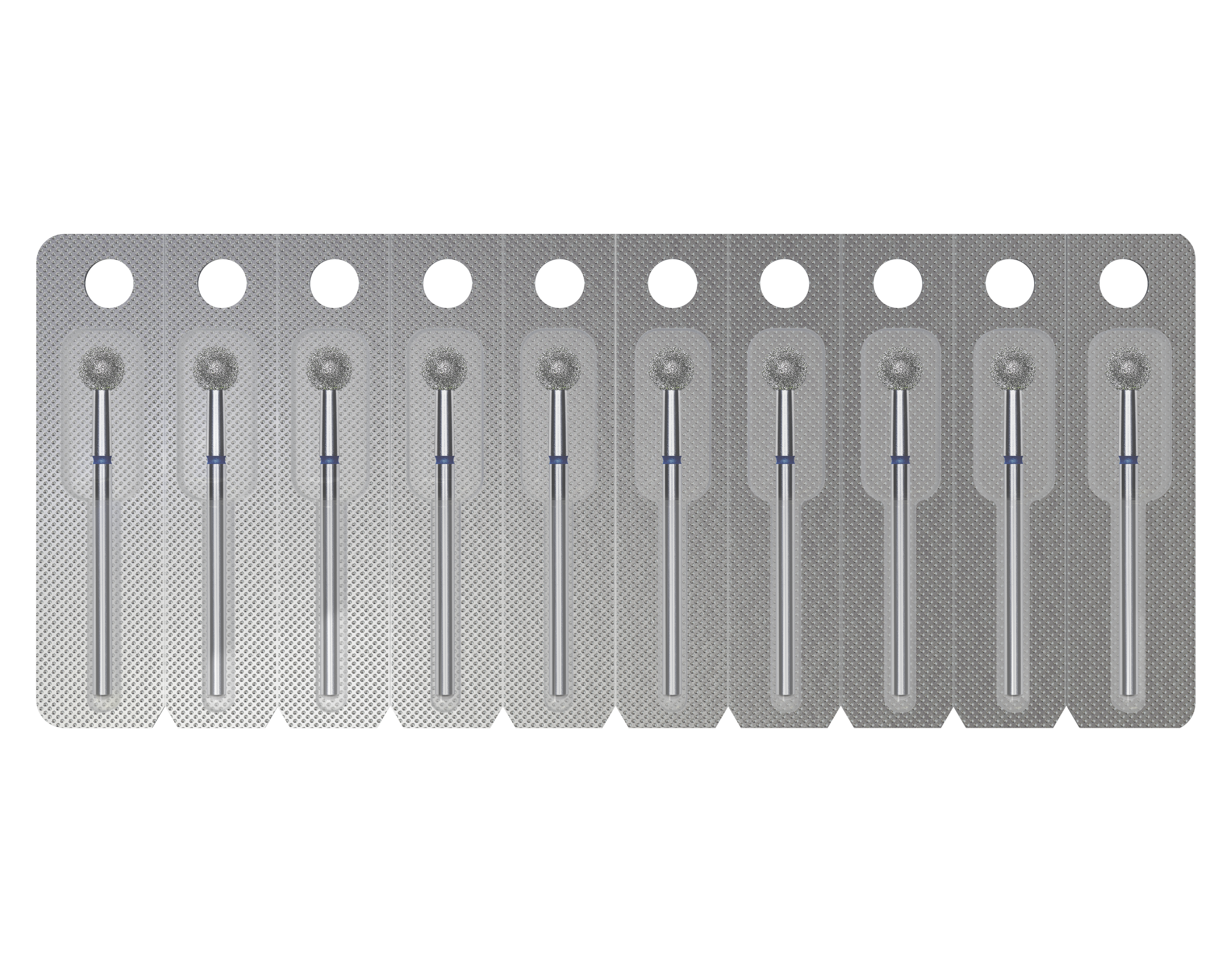 Row of EXPERT 5mm ball diamond nail drill bits in packaging