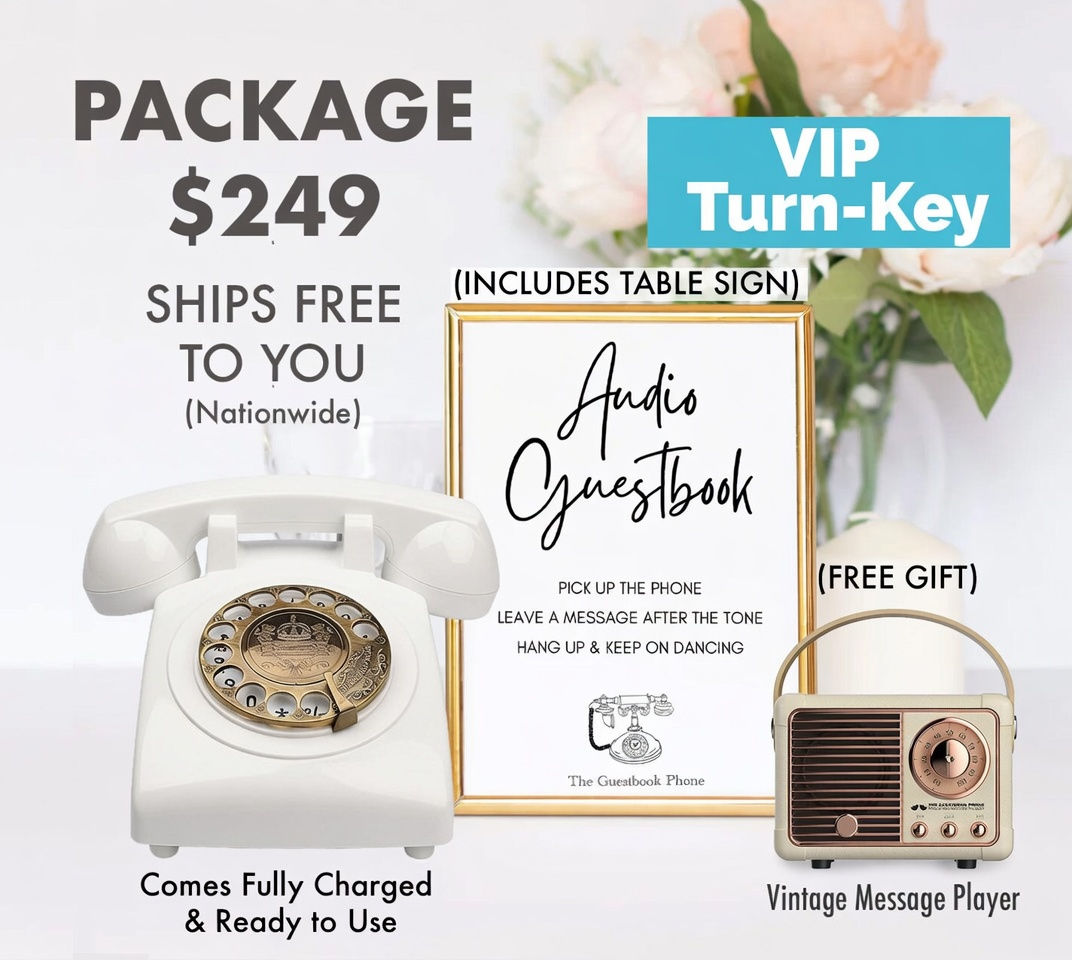 VIP White Guestbook Phone + Custom Greeting + Removal Memory Card+Vintage Player