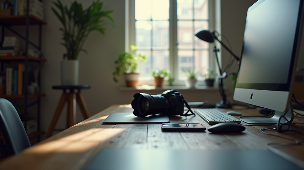 Eye-level view of an organized workspace with photography equipment