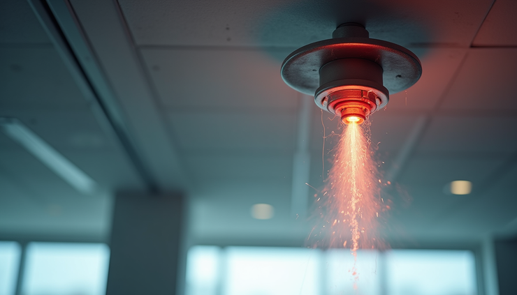 Eye-level view of a fire sprinkler system installed on a ceiling
