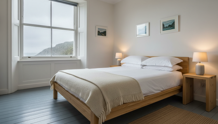 Wide-angle view of a refreshed guest room with a simple bed, wool throw, and rain-streaked window.