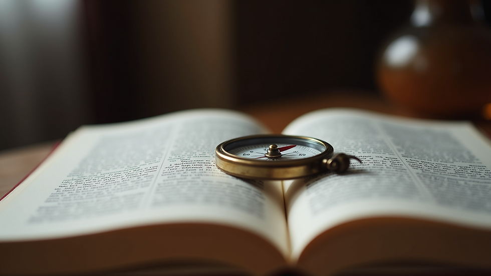 Eye-level view of an open book with a compass resting on it