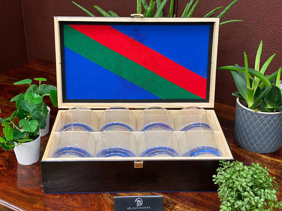Thumbnail: Explore our engraved wooden box with 8 personalised whisky glasses, each featuring military regimental badges.
