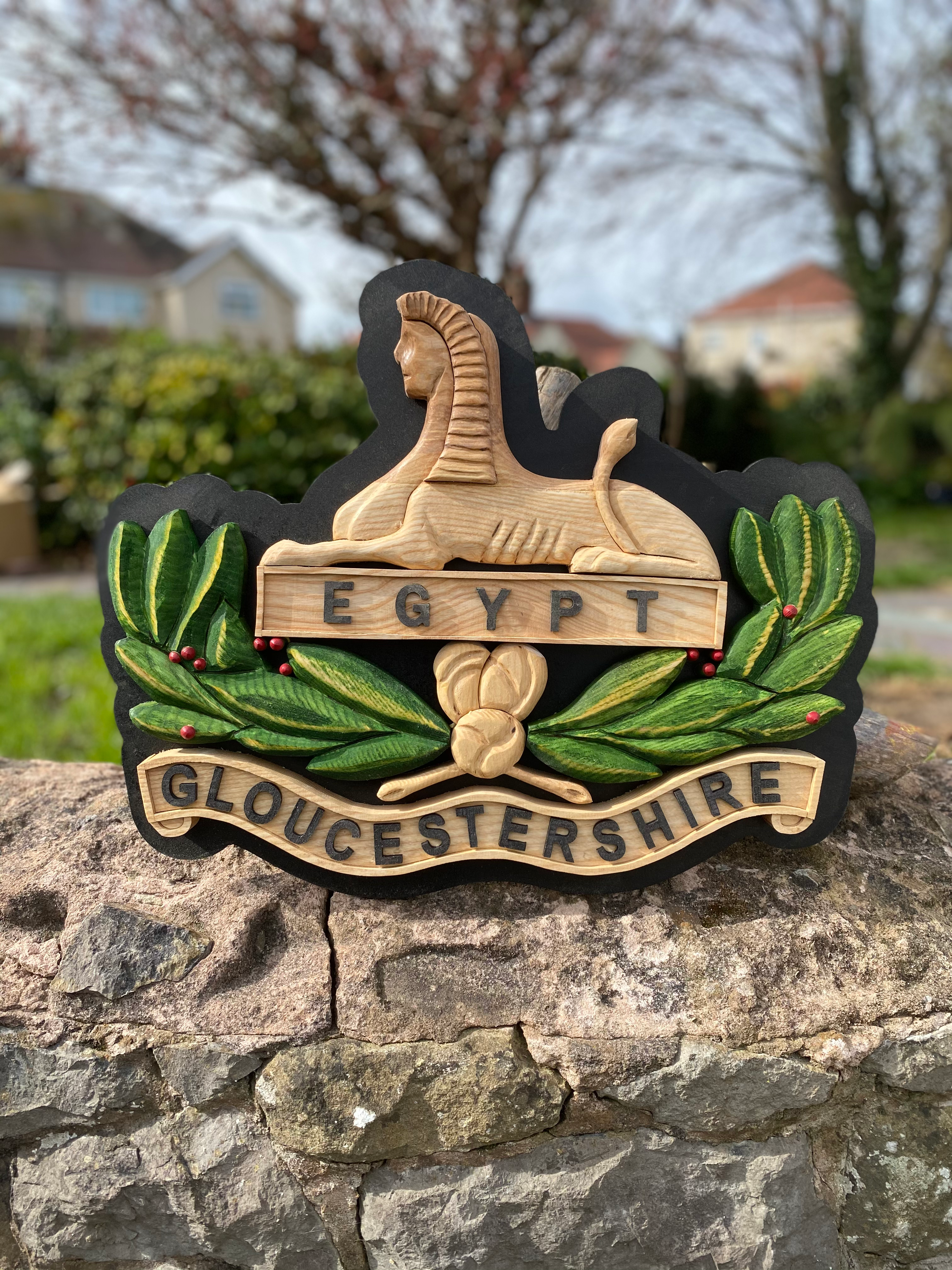 Gloucestershire Regiment Glosters hand carved wooden military crest in natural hardwood finish