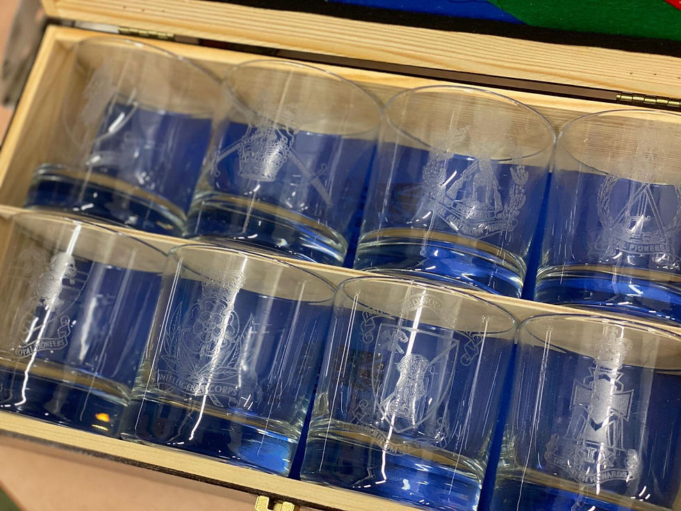 Thumbnail: Explore our engraved wooden box with 8 personalised whisky glasses, each featuring military regimental badges.