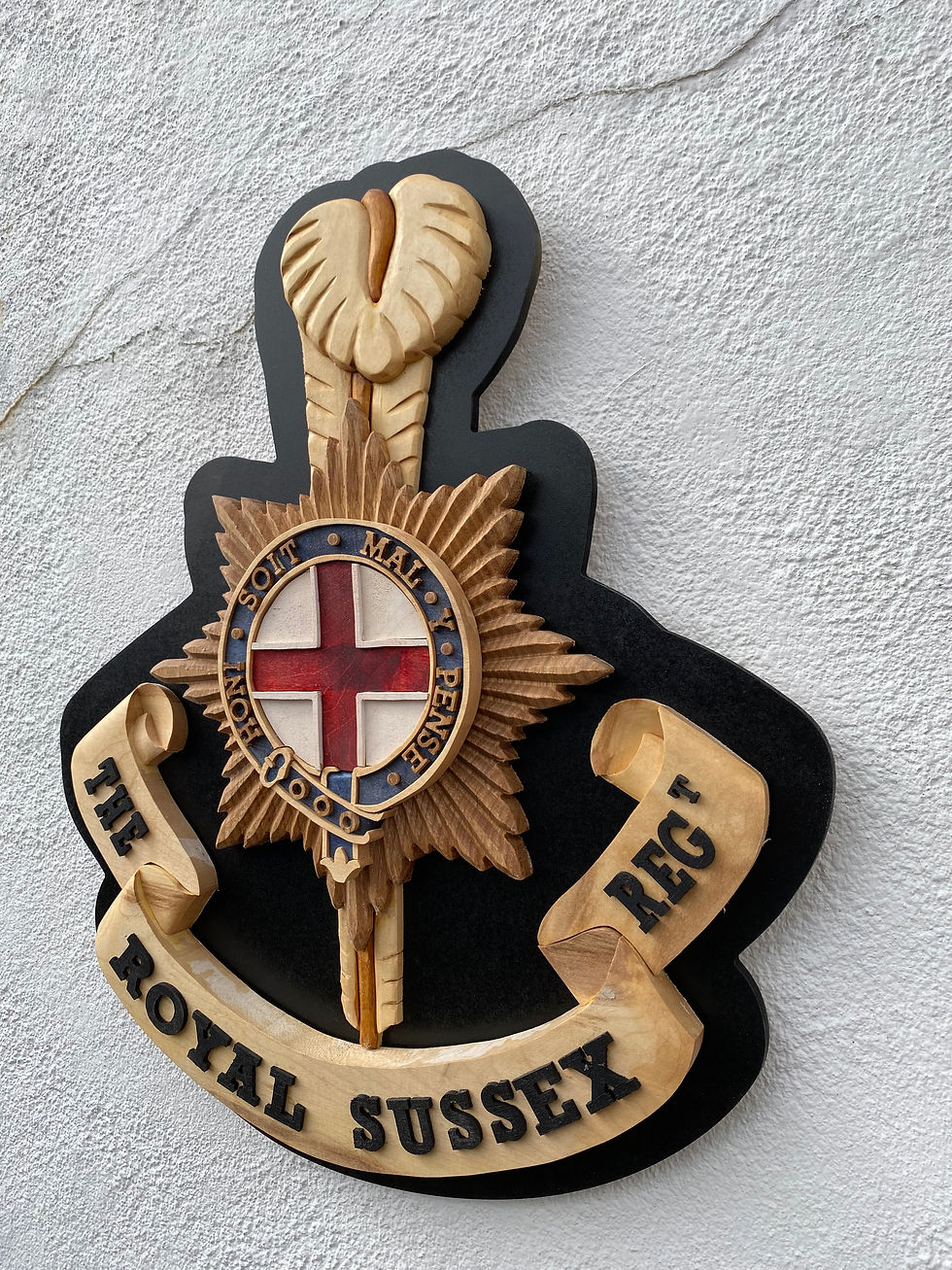 Thumbnail: Royal Sussex Regiment wooden military crest handcrafted from solid hardwood angle