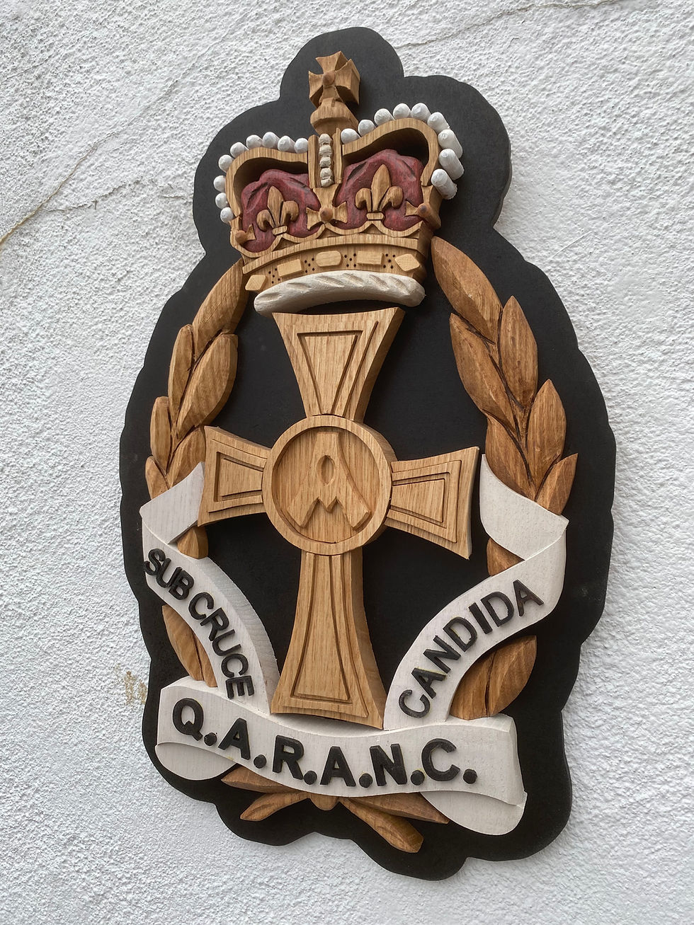 Thumbnail: Queen Alexandra’s Royal Army Nursing Corps wooden military crest handcrafted from solid hardwood angle