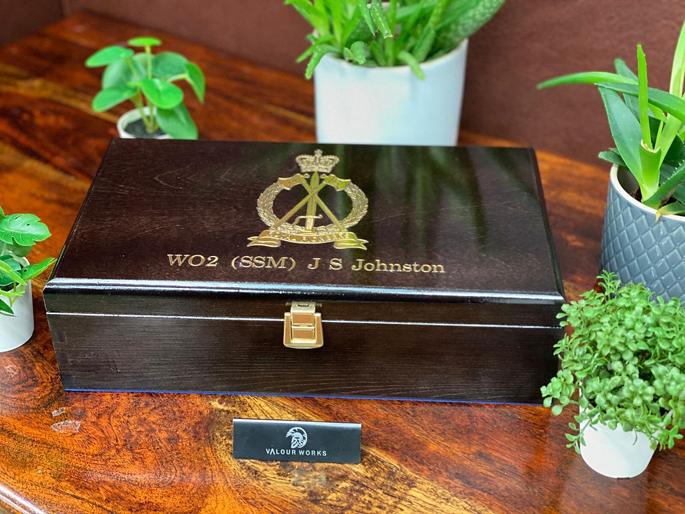 Explore our engraved wooden box with 8 personalised whisky glasses, each featuring military regimental badges.