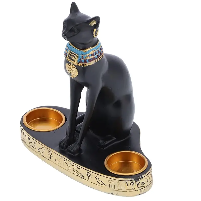 Bastet Cat Goddess Resin Statue with Dual Tea Light Candle Holders