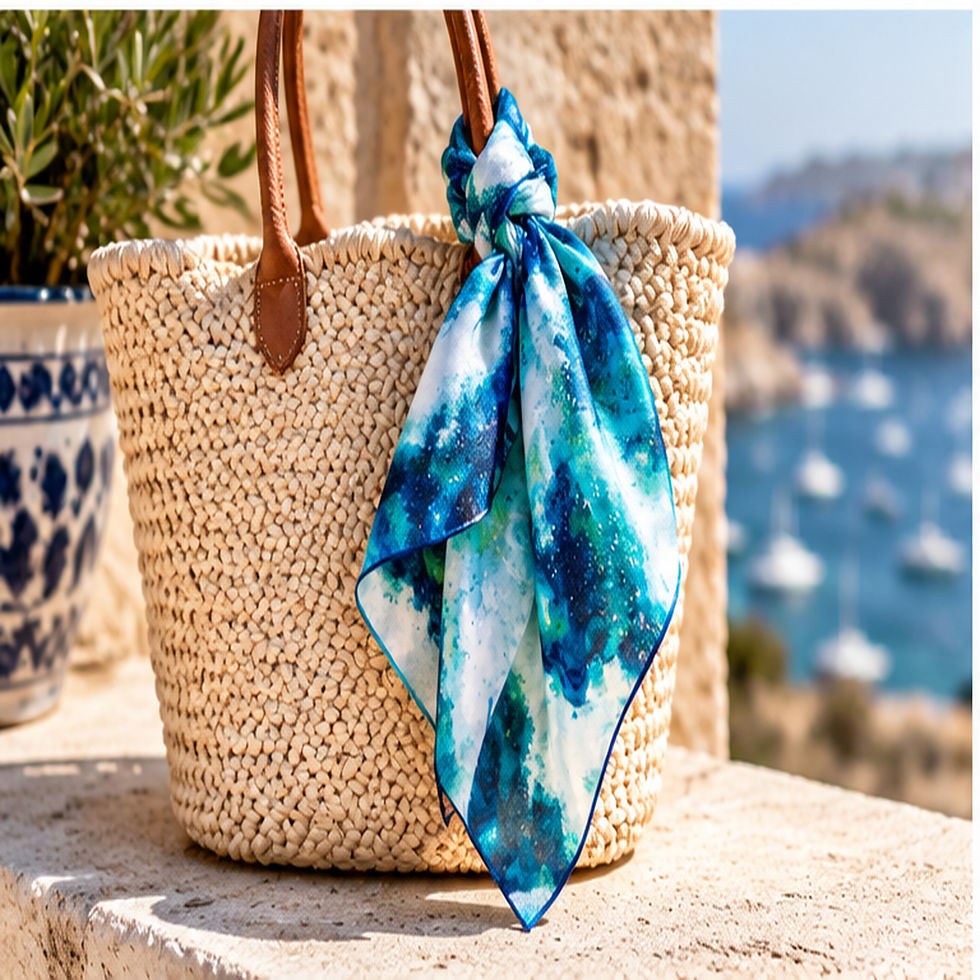 Wonder silk scarf tied to the handle of a woven straw handbag, showing its turquoise, blue and green abstract design.