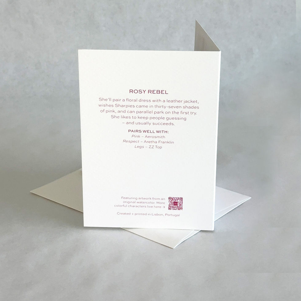 Rosy Rebel greeting card displayed upright with envelope
