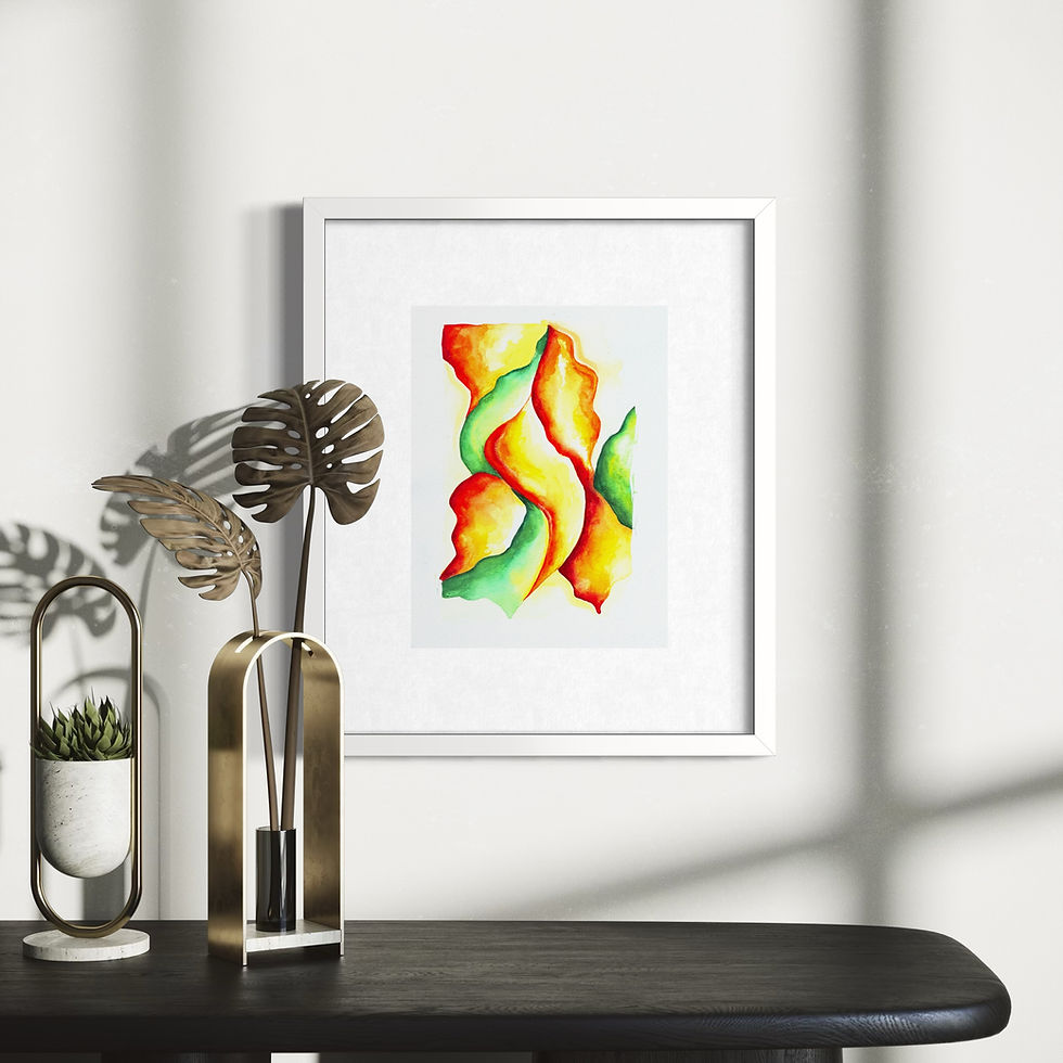 Tangello watercolor art print framed in white above a dark console with sculptural plants