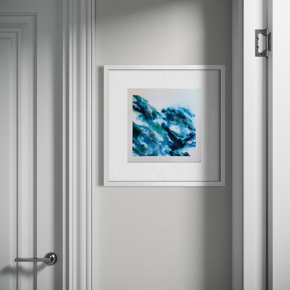 Wonder abstract art print framed in white in a modern doorway