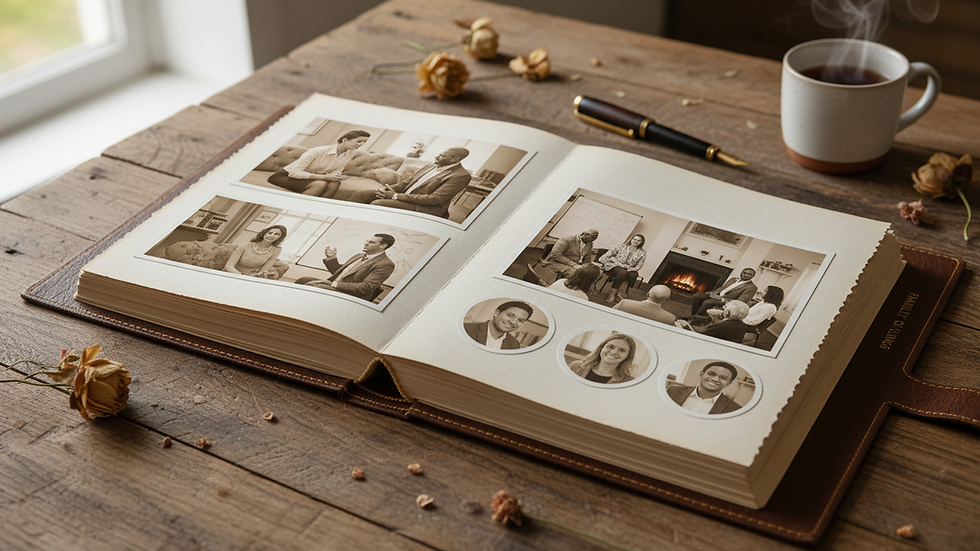 Close-up view of a family photo album on a wooden table